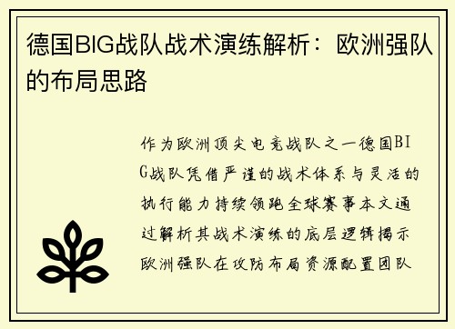 德国BIG战队战术演练解析：欧洲强队的布局思路